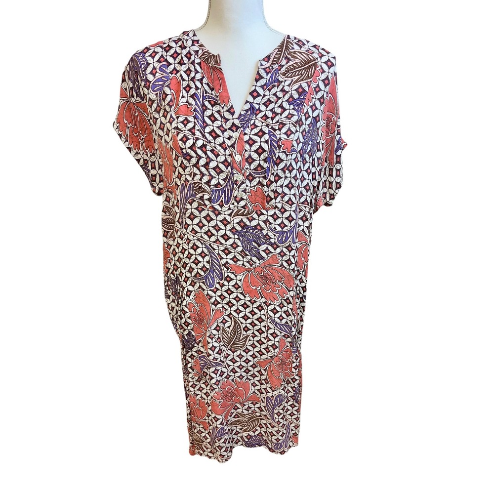 POMODORO Floral Batik Shift Dress 12 Boho Artsy Earthy Vacation Relaxed Travel‎
